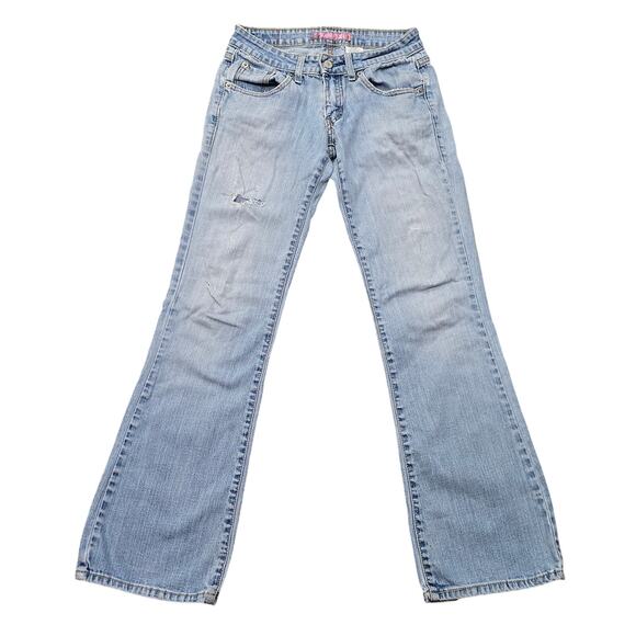 Vintage Levi's Too Super Low Boot Cut Light Washed Distressed Denim Blue Jeans - Picture 1 of 7